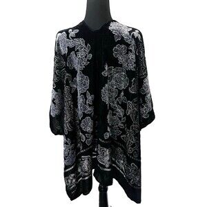 Womens OneSize Sheer Black Velvet Burnout Kimono Artsy Boho Festival Floral‎